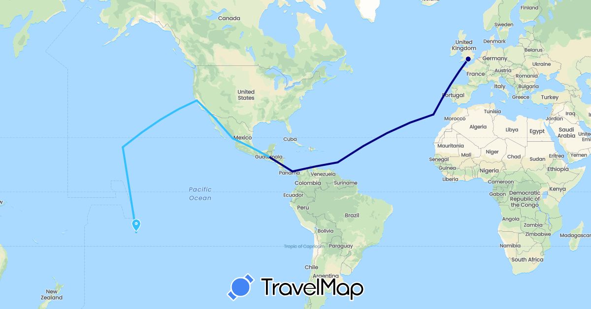 TravelMap itinerary: driving, boat in Barbados, France, United Kingdom, Guatemala, Mexico, Panama, Portugal, United States (Europe, North America)